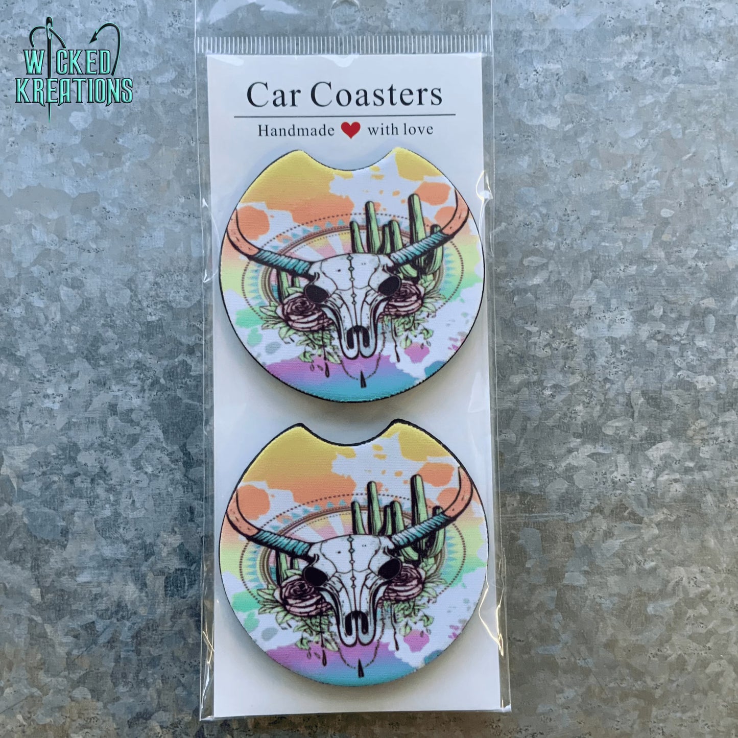 Rainbow Bull Skull Car Coaster Set