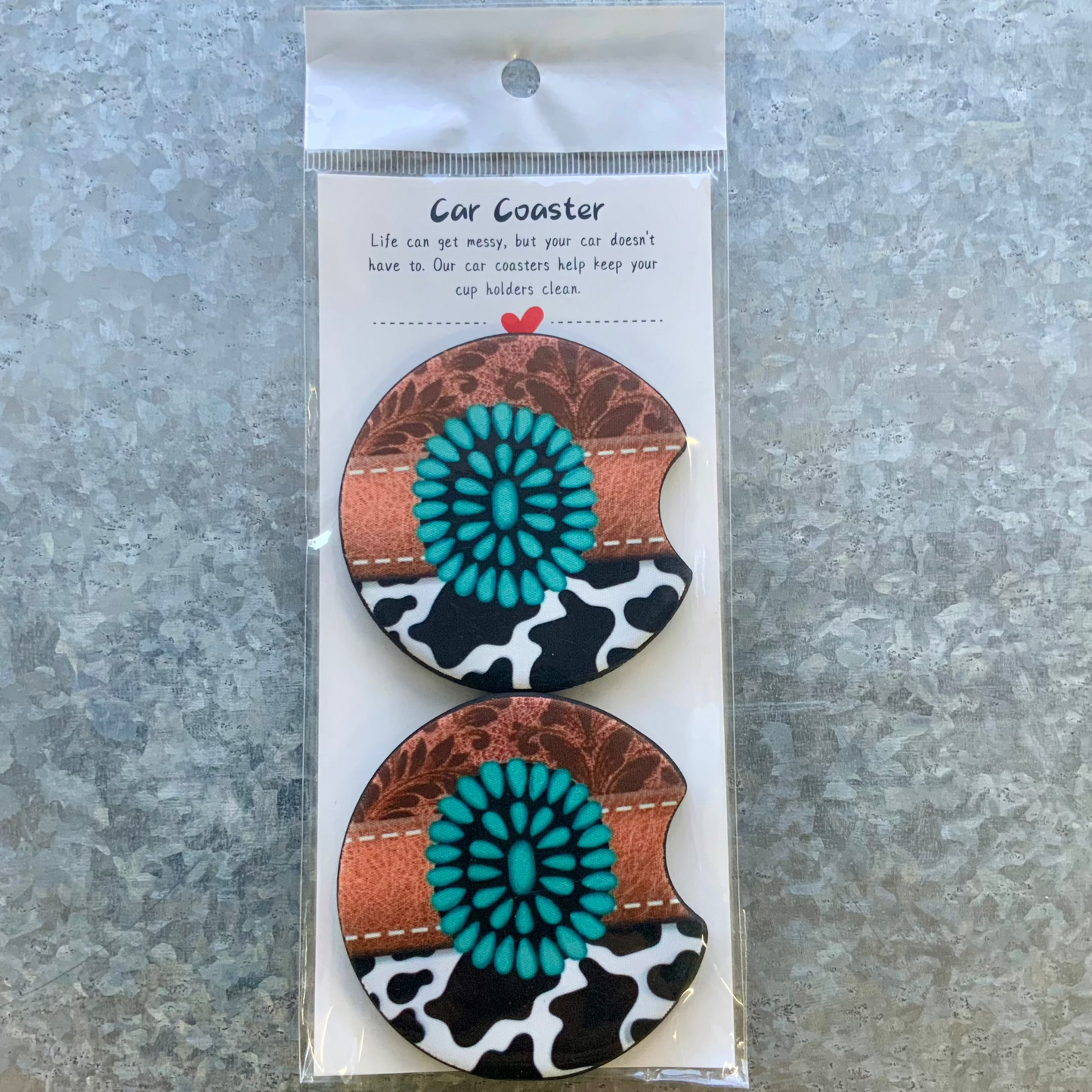Turquoise & Cow print Car Coaster Set