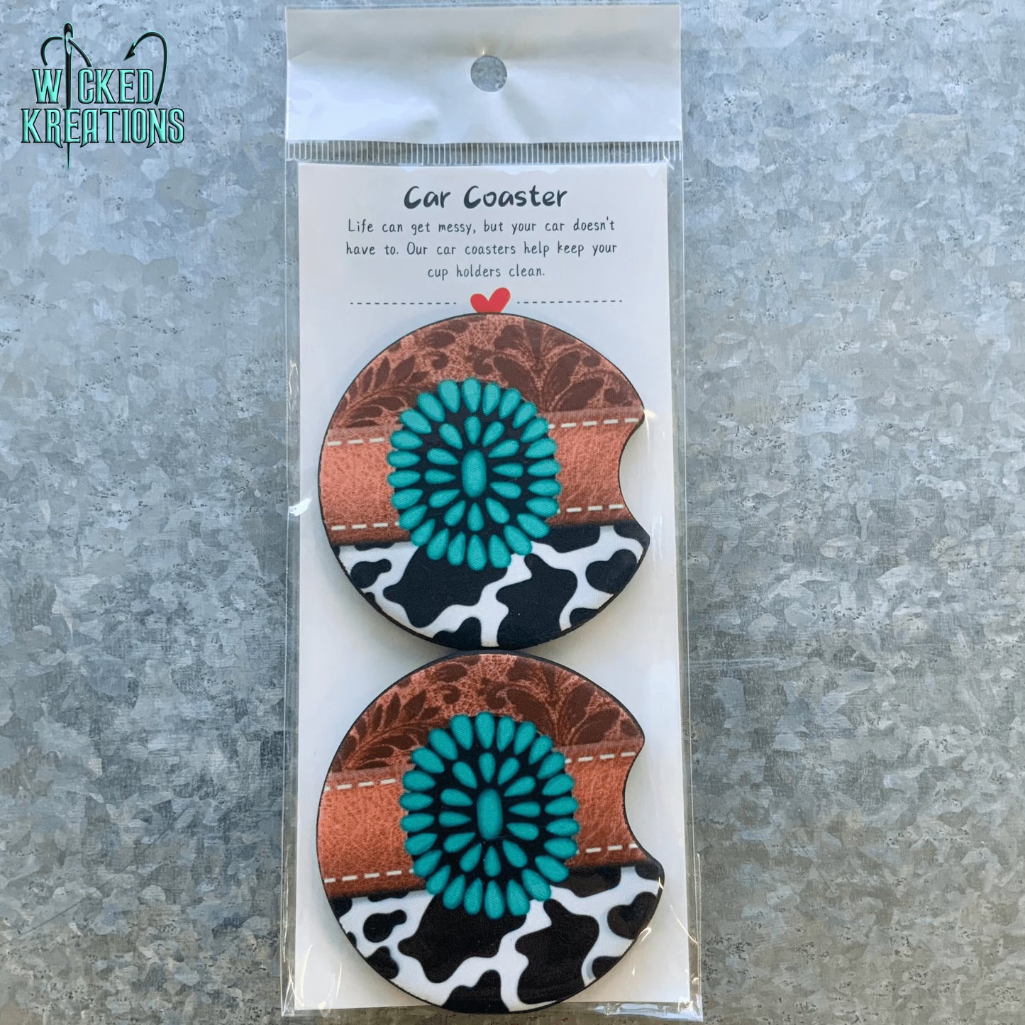 Turquoise & Cow print Car Coaster Set