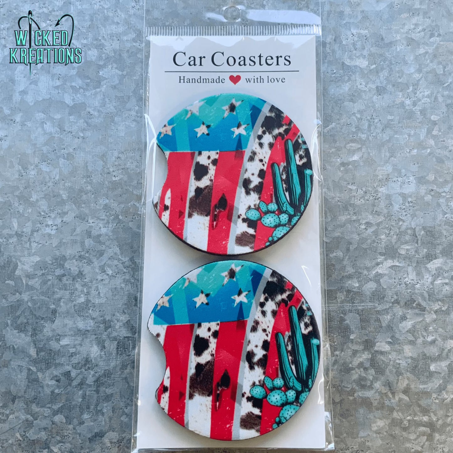 Western Cactus Patriotic American Flag Coaster Set