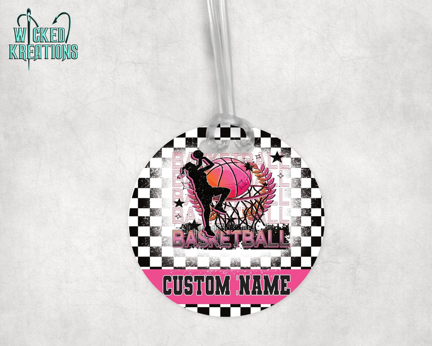 Basketball Pink Orange Acrylic Bag Tag - Custom Text