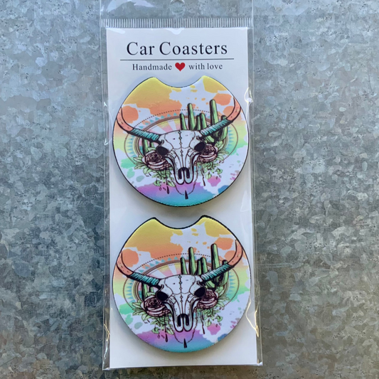 Rainbow Bull Skull Car Coaster Set