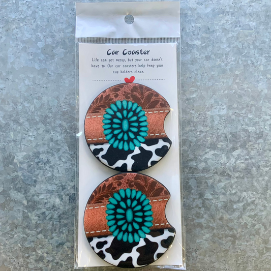 Turquoise & Cow print Car Coaster Set