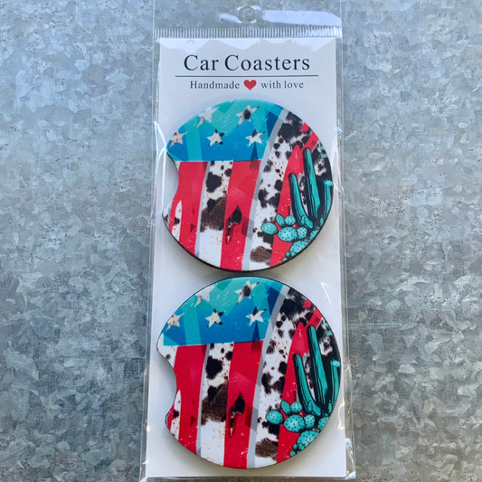 Western Cactus Patriotic American Flag Coaster Set