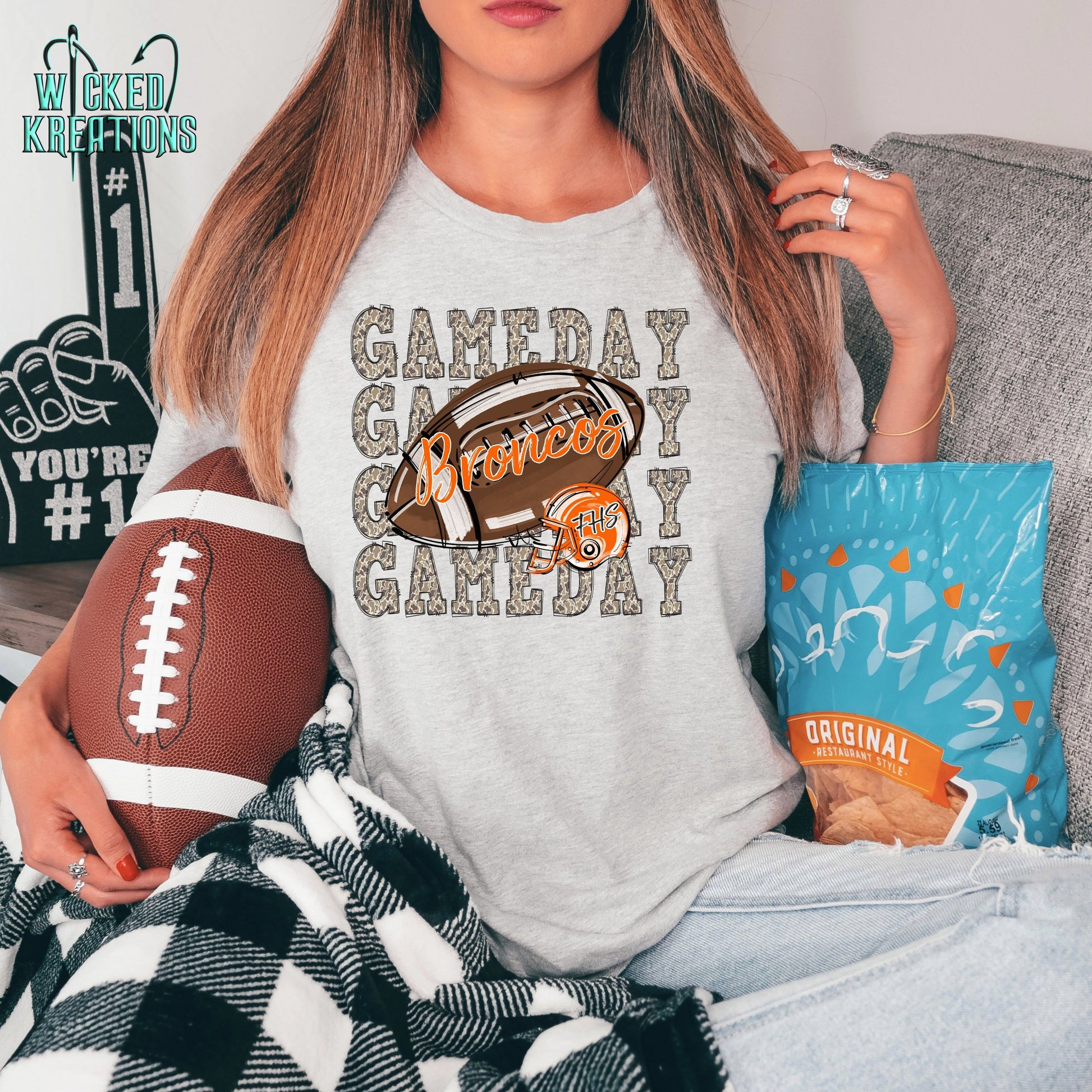 Broncos Camo and Orange Helmet Football T-Shirt