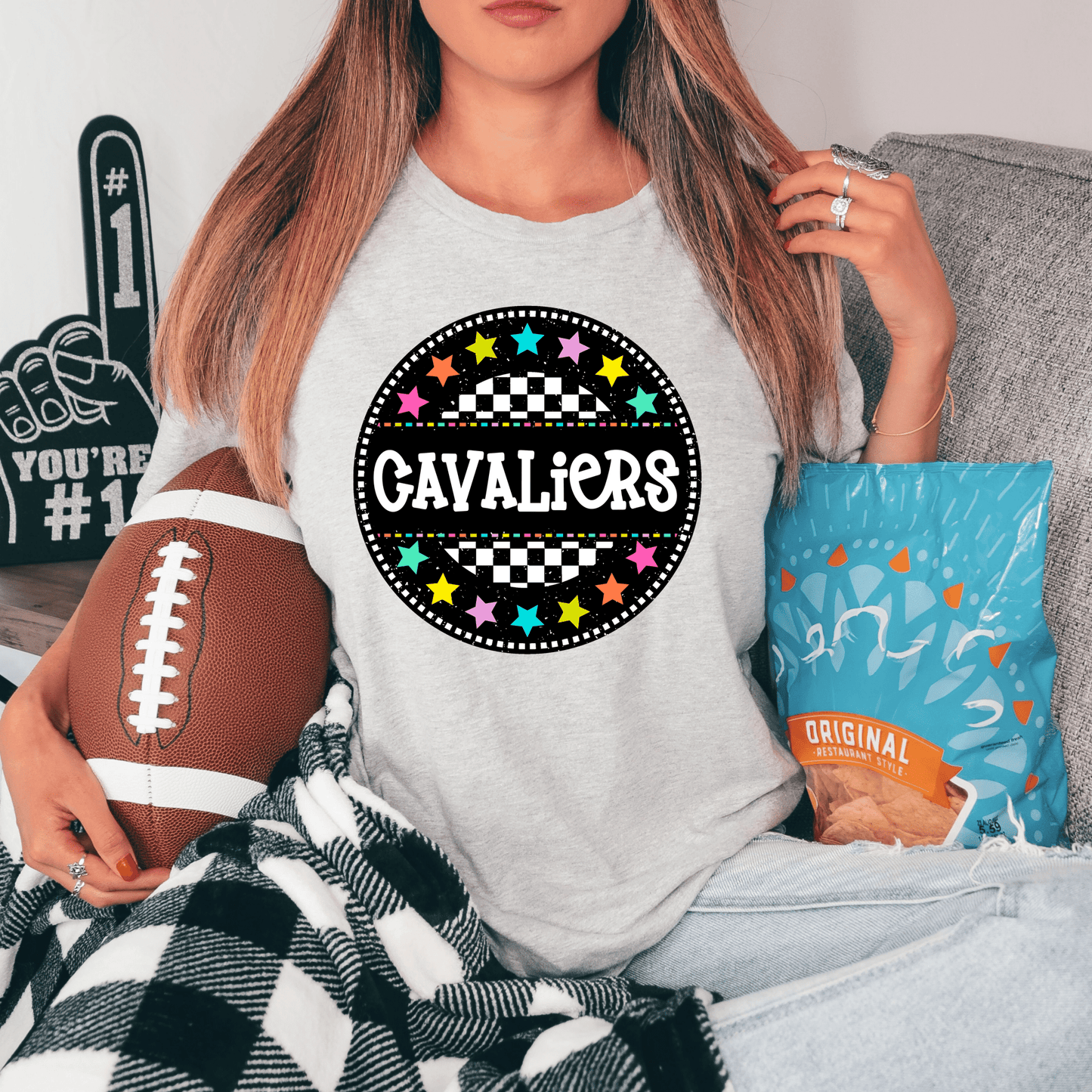Cavaliers Checkered Circle Neon with Stars T-Shirt