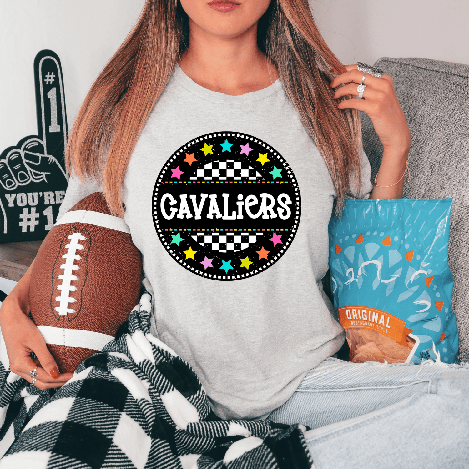 Cavaliers Checkered Circle Neon with Stars T-Shirt